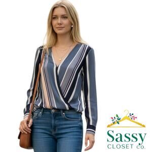 Ann Taylor Stripe V‑Neck Long Sleeve Silky Blouse Black Gray Tan Women’s S EUC